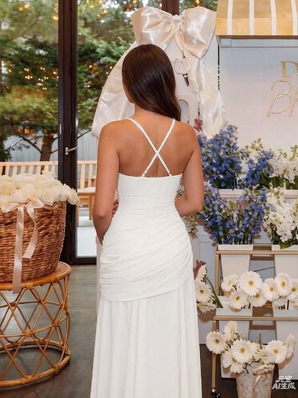 Momyknows Spaghetti Strap Big Swing Ruched Backless Maternity Baby Shower Maxi Dress - White - 8
