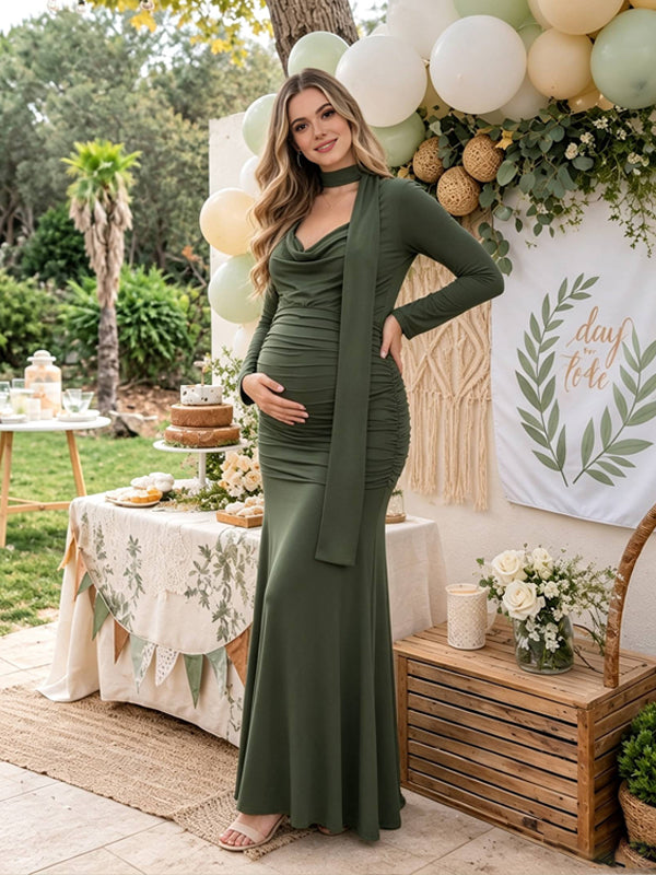 Olive Elegant Maternity Maxi Dress with Ruffle Details and Layered Collar