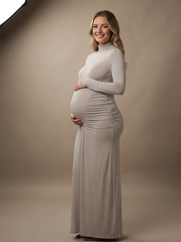 Grey Elegant Ruched Maternity Maxi Dress with High Neckline and Flattering Silhouette