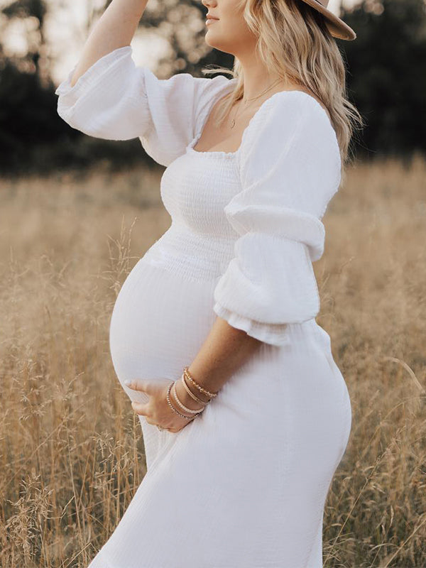 Momyknows White Ruffle Ruched High Waist Puff Sleeve Cute Photoshoot Maternity Maxi Dress