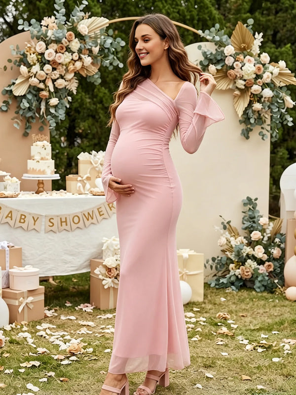 Pink Ruffle Maternity Dress with Oblique-the-Shoulder Design and Backless Bodycon Fit