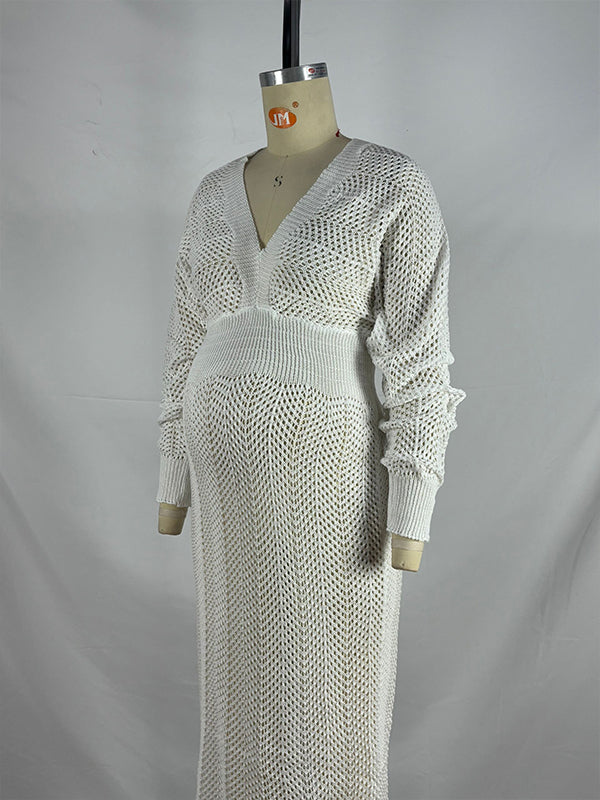 Momyknows White Crochet Knit Hollow Out Deep V-Neck Lantern Sleeve Bodycon Elegant Going Out Maternity Sweater Maxi Dress White / S Momyknows White Crochet Knit Hollow Out Deep V-Neck Lantern Sleeve Bodycon Elegant Going Out Maternity Sweater Maxi Dress White / S
