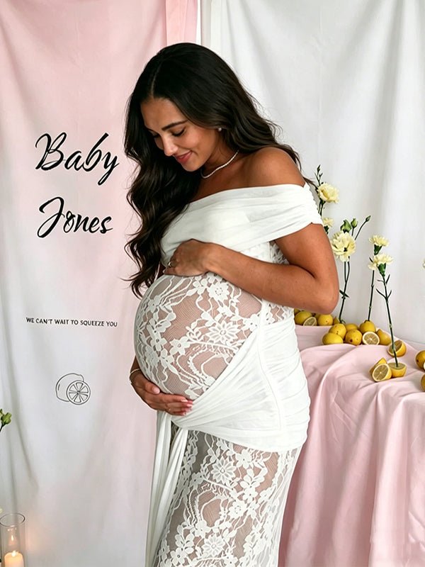 Momyknows Off Shoulder Lace Backless Ribbon Ruched Maternity Baby Shower Maxi Dress, White / S