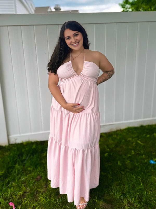 Momyknows Pink Halter Neck Ruched Backless Lace Up Maternity Photoshoot Maxi Dress
