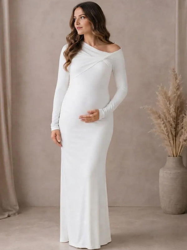 White Ruched Maternity Maxi Dress with Oblique Shoulder and Knot Detail and Flattering Silhouette
