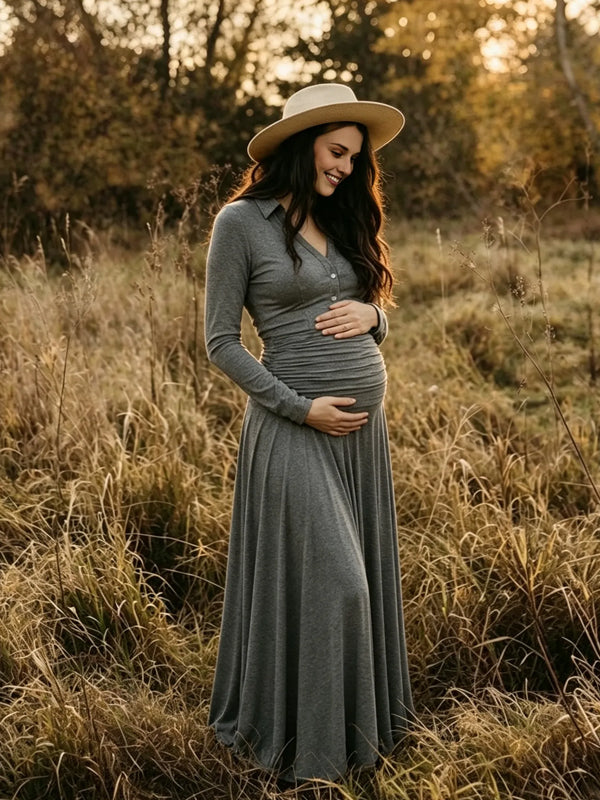 Grey Ruffle Pleated Maternity Dress with V-Neck and A-Line Dacron Design and Loose Fit, Photoshoot