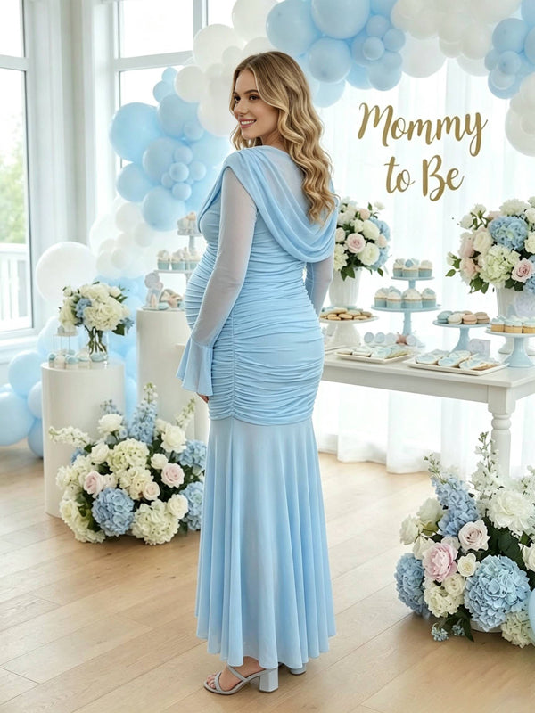 Blue Maternity Maxi Dress with Ruffle Details and Tulle Splicing