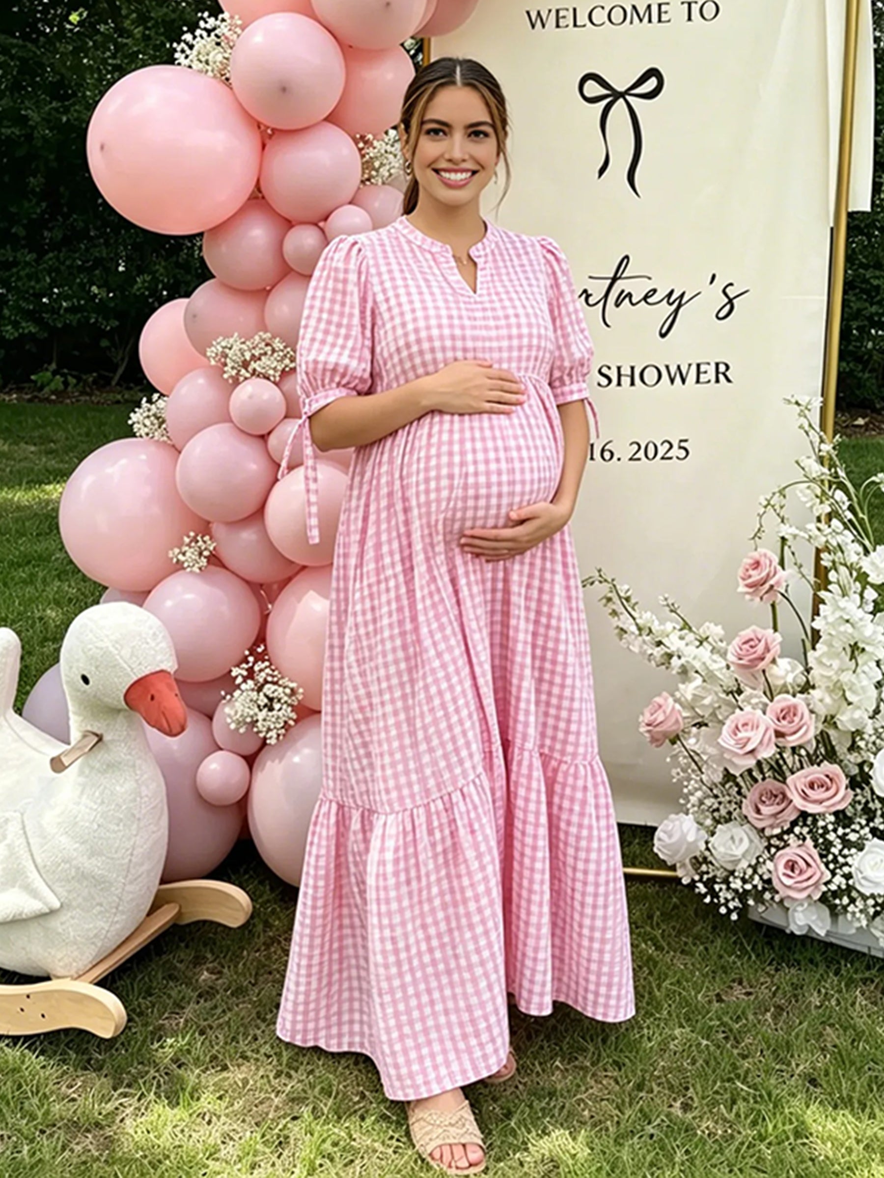 pink gingham maternity dress Light Pink Gingham Lace Trim Shoulder Tie Maternity Maxi Dress PinkBlush