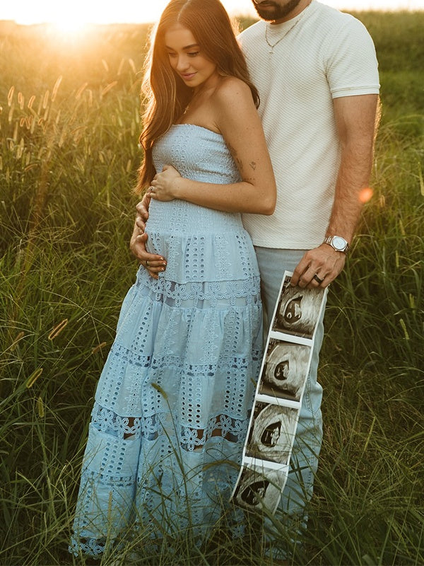 Momyknows Light Blue Boho Smocked Cut Out Flowers Photoshoot Maternity Maxi Dress