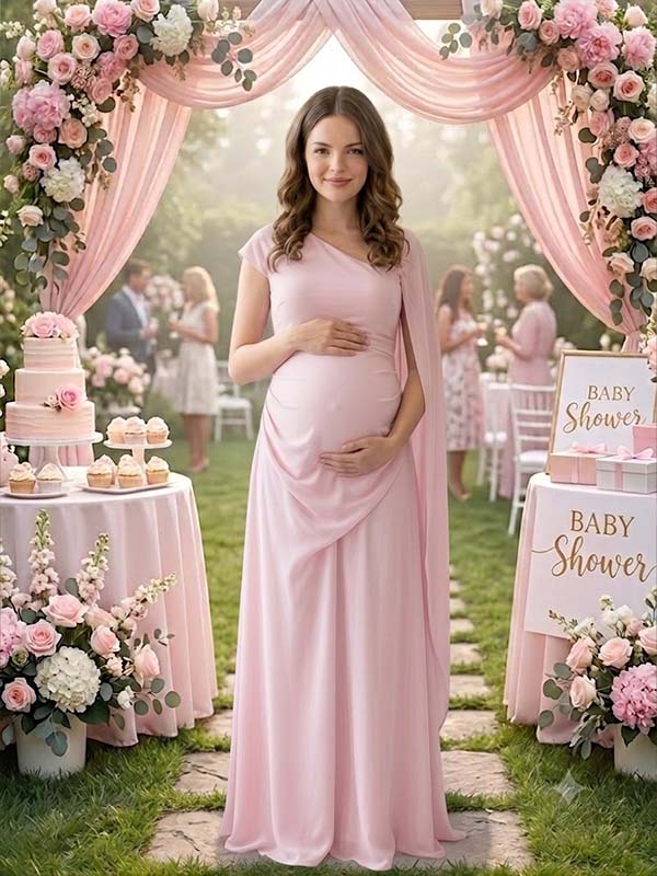 Momyknows Pink One-shoulder Ruffle Mermaid Splicing Maternity Baby Shower Maxi Dress - Pink - 1