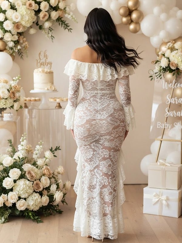 Momyknows White Off Shoulder Ruffle Side Slit Lace Flare Sleeve Maternity Baby Shower Maxi Dress - White - 3