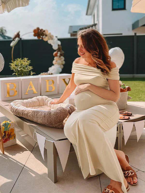 Momyknows Beige Off Shoulder Ruched Back Slit Bodycon Elegant Baby Shower Maternity Maxi Dress Beige / L Momyknows Beige Off Shoulder Ruched Back Slit Bodycon Elegant Baby Shower Maternity Maxi Dress Beige / L
