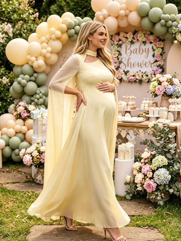 Yellow Maternity Dress with Lace-Up Detail and Tulle Slit Sleeves