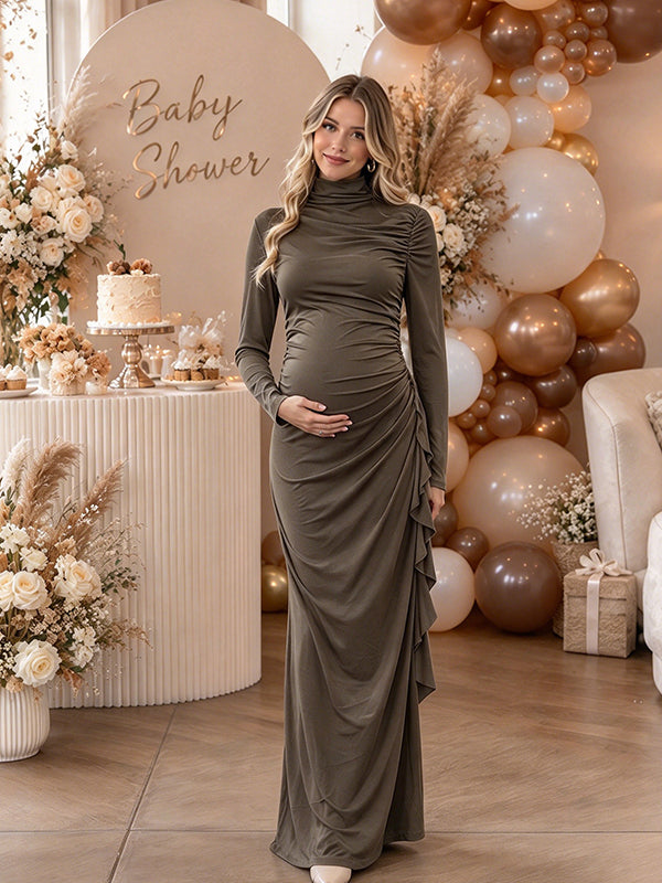 Brown Elegant Maternity Maxi Dress with Ruffle Drape and Ruched Details and Flattering Fit, Baby Shower Occasion