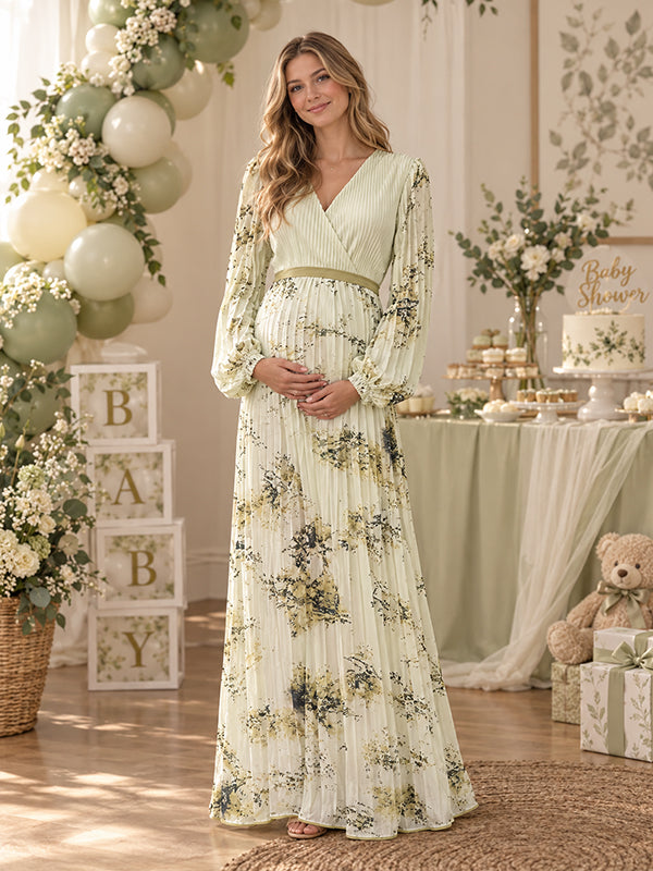 Buff Printed Maternity Maxi Dress with Ruched Details and Big Swing Silhouette, Baby Shower Occasion