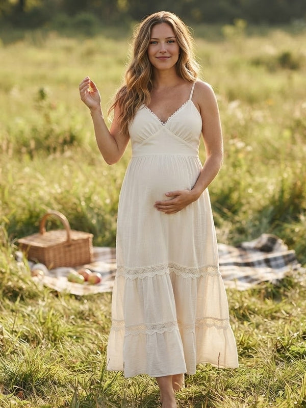 White Maternity Midi Dress with Ruffle Accents and Lace-Up Detail