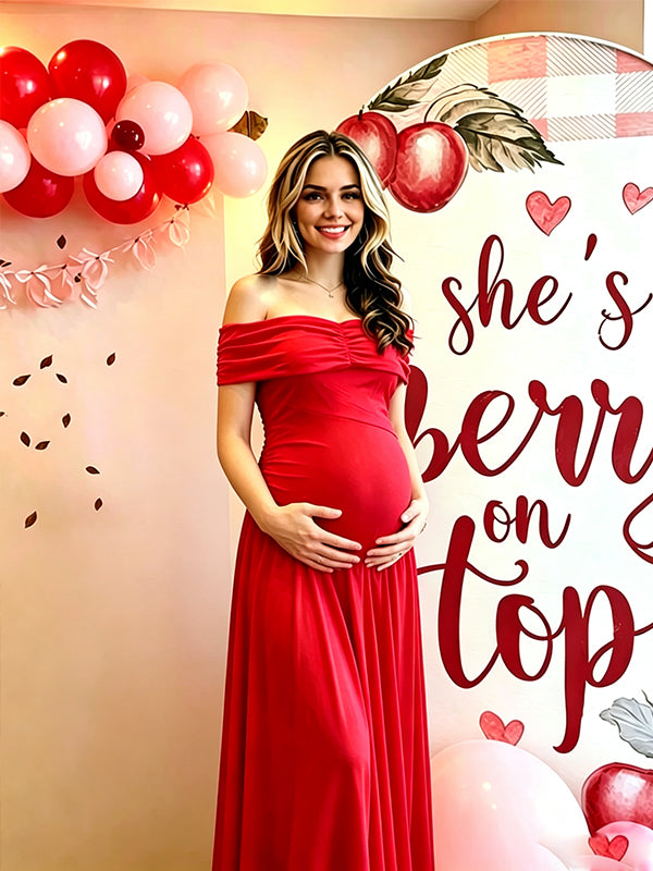 Momyknows Red Off Shoulder Ruched Draped Hem Backless Maternity Baby Shower Maxi Dress