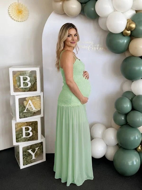 Momyknows Green Elegant 3D Flowers Lace Spaghetti Strap Baby Shower Maternity Maxi Dress - Green - 2