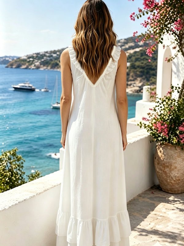 Momyknows White Ruched Open Back Boho A-line Deep V Falbala Photoshoot Maxi Dress - White - 3