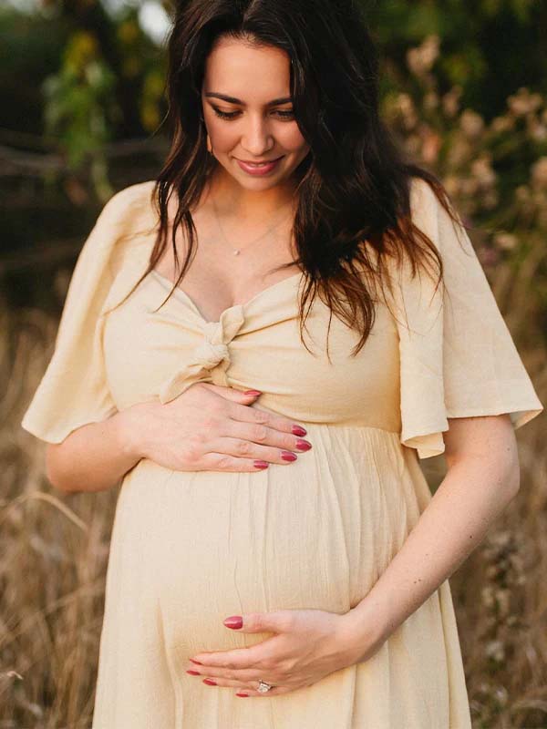 Momyknows Bow Flutter Sleeve Solid V-neck Flowy Vacation Beach Cute Baby Shower Photoshoot Maternity Maxi Dress - Apricot - 13