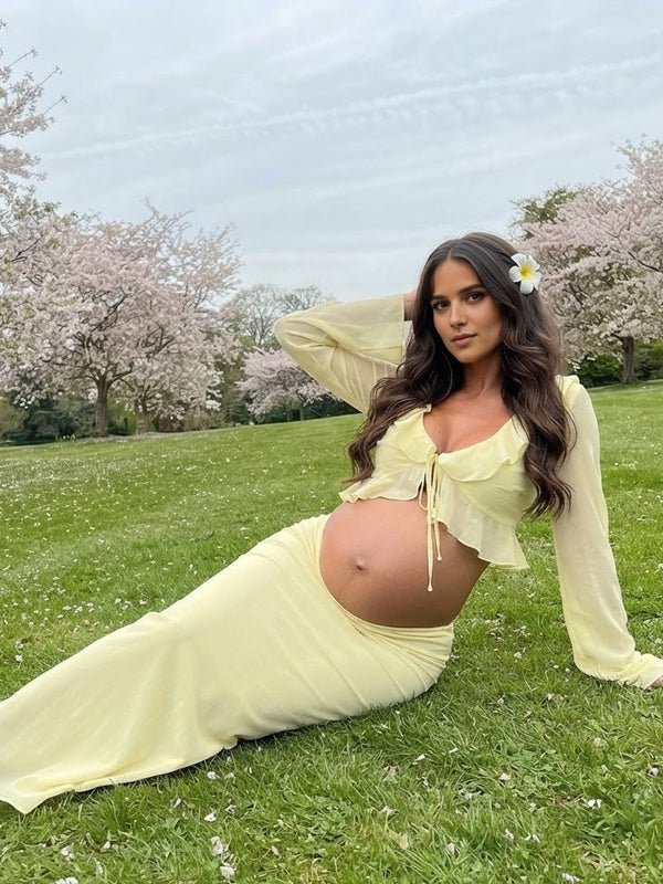Momyknows Ruffle Lace Up Two Piece Maternity Photoshoot Maxi Dress - Yellow - 6