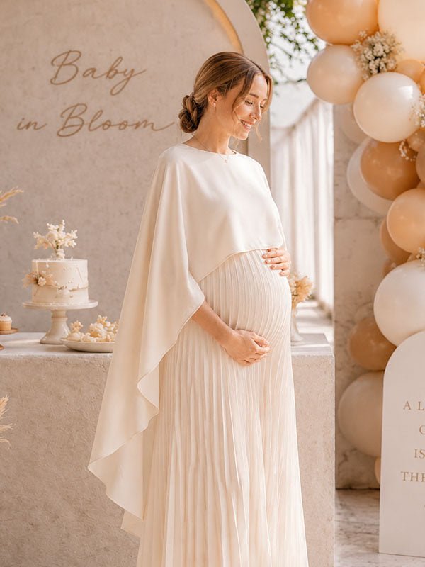 Momyknows Elegant Beige 2-in-1 Pleated Flowy Irregular Baby Shower Maternity Maxi Dress - Beige - 4