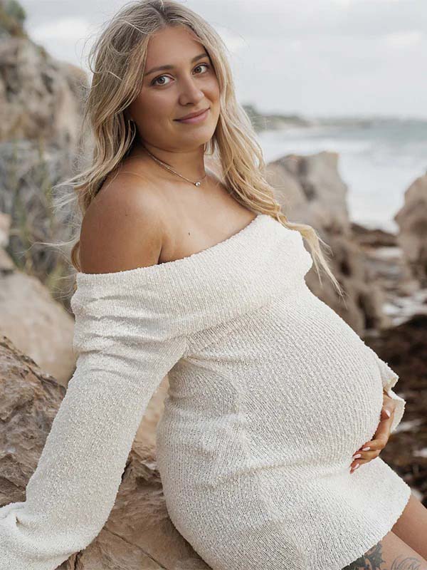 Momyknows White Solid Color Off Shoulder Knit Bodycon Beach Vacation Photoshoot Baby Shower Maternity Maxi Dres