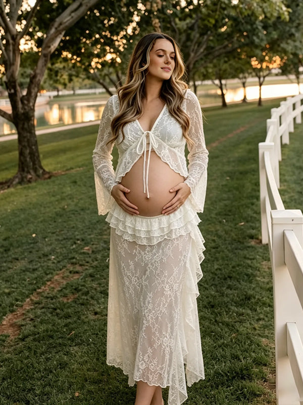 White Lace Maternity Dress with Tie-Front Details and Ruffled Flared Sleeves