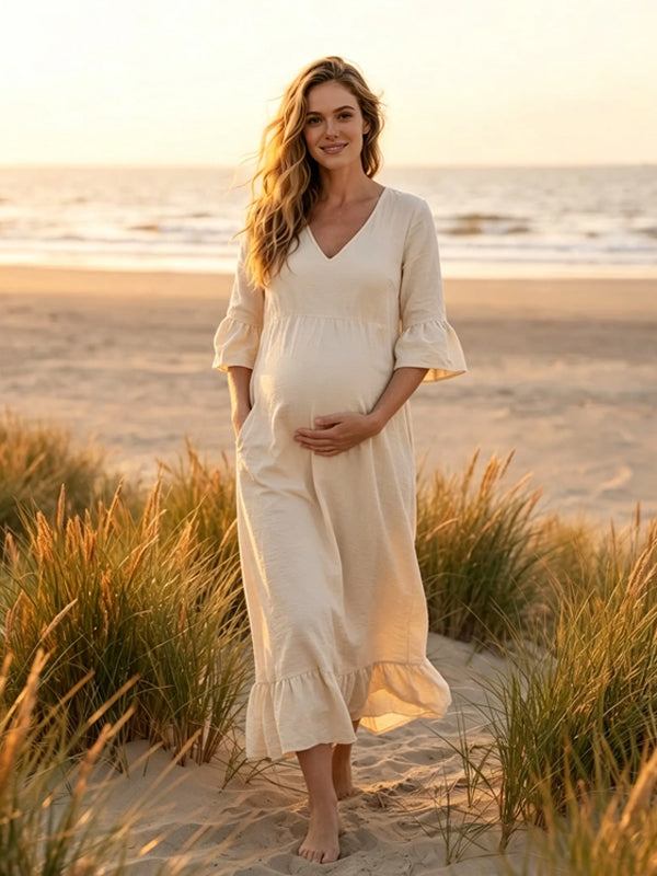 White Long Maternity Dress with V-Neck and Three-Quarter Sleeves and Pockets and Casual Fit, Outdoor Lawn Photoshoot