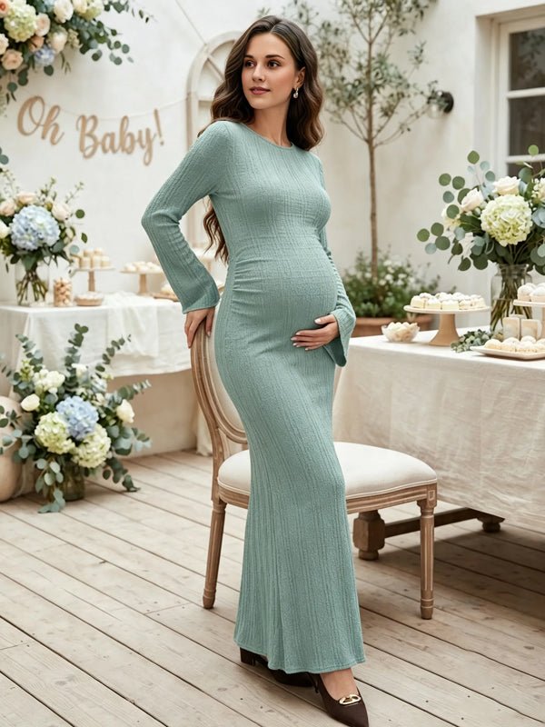 Momyknows Flare Sleeve Crochet Bodycon Mermaid Babyshower Maternity Maxi Dress - Light Blue - 3