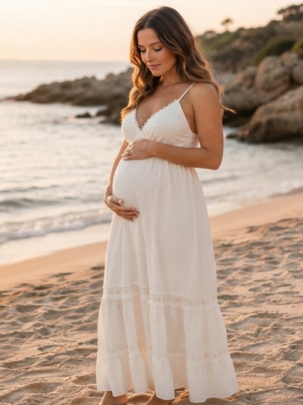 White Ruffle Maternity Midi Dress with Lace-Up Detail and Flattering Fit