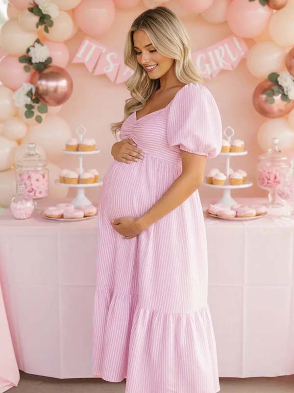 Momyknows Striped Ruched Puff Sleeve A-line Boho Maternity Maxi Dress - Purple - 5