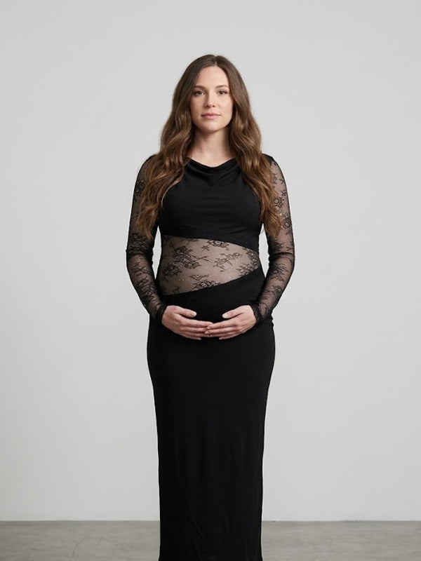 Momyknows Black Lace Sheer Bodycon Splicing Ruched Maternity Photoshoot Maxi Dress