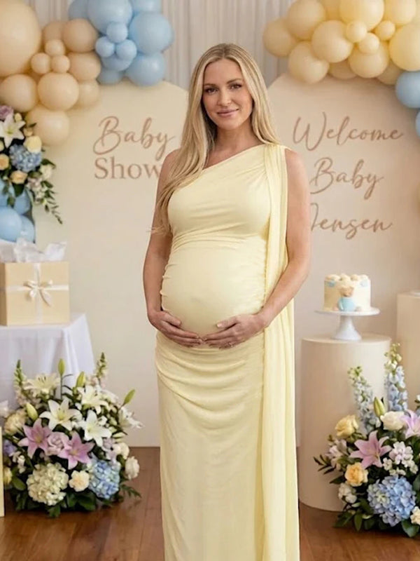 Momyknows Chic Off Shoulder Side Draped Ribbons Mesh Bodycon Baby Shower Maternity Maxi Dress
