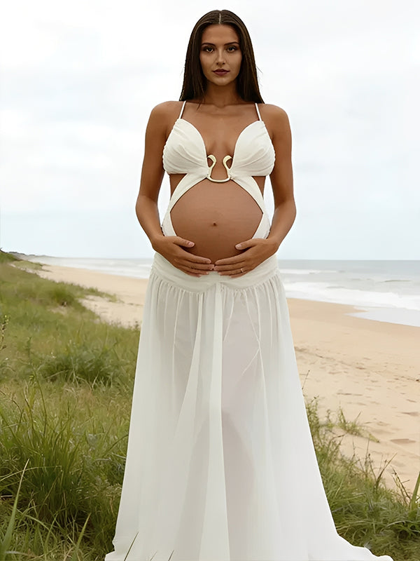Momyknows Spaghetti Strap Grenadine Sheer Backless Ruched Maternity Photoshoot Maxi Dress