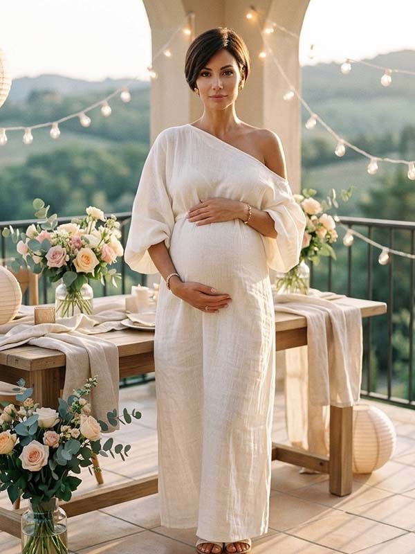 Momyknows White One-shoulder Ruffle Backless Maternity Baby Shower Maxi Dress - White - 1