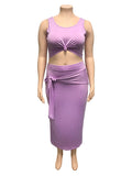 Momyknows Purple 2-in-1 Belt Plus Size Two Piece Set Bodycon Baby Shower Maternity Midi Dress