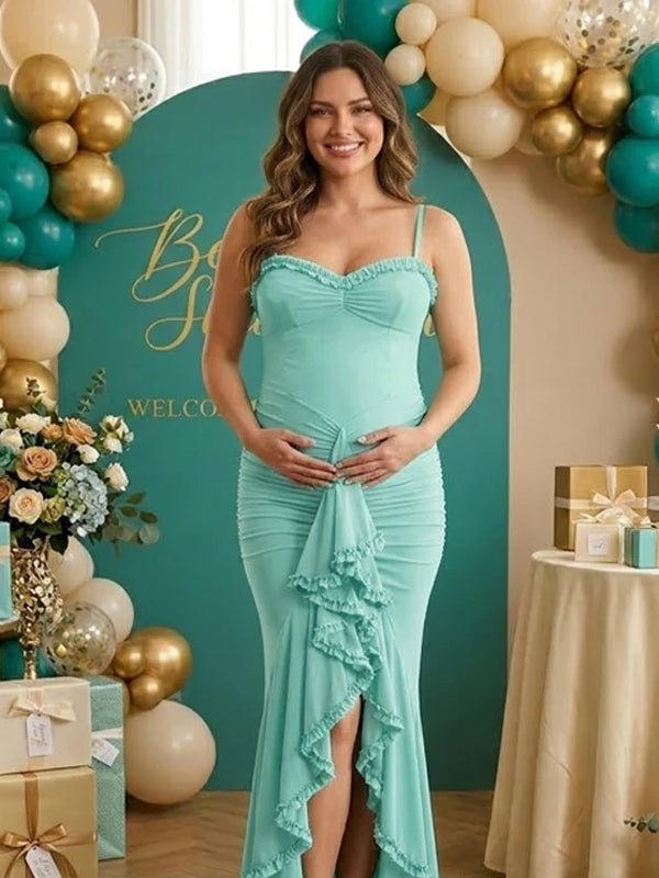 Momyknows Spaghetti Strap Ruffle Ruched Grenadine Maternity Baby Shower Maxi Dress - Green - 6