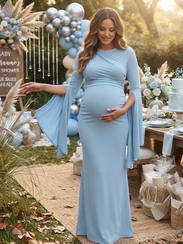 Momyknows Blue Grenadine Slit Sleeve Big Swing Spliced Maternity Baby Shower Maxi Dress - Blue - 2