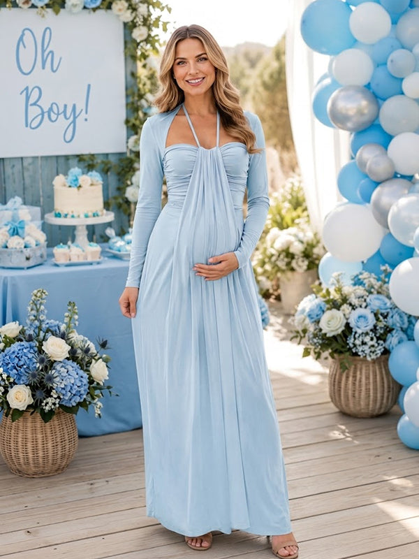Blue Halter Neck Maternity Maxi Dress with Lace-Up Bodycon Fit, Baby Shower