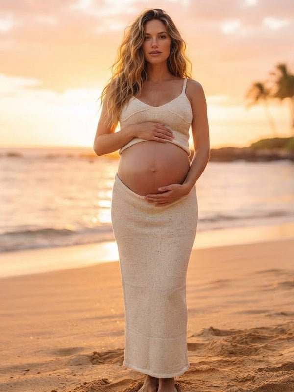 Momyknows Sequin Spaghetti Strap Ruched Two Piece Maternity Photoshoot Maxi Dress - Apricot - 1