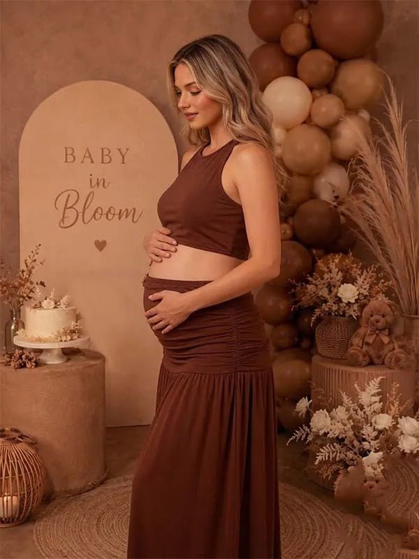Momyknows Brown Ruffle Side Slit Midriff Irregular Maternity Baby Shower Maxi Dress - Brown - 2