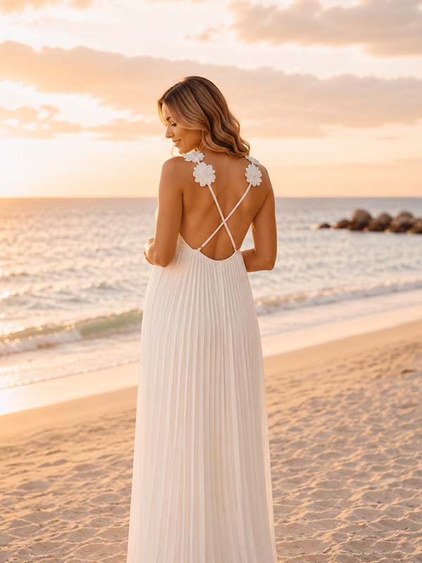 Momyknows White Ruffle 3D Flowers Lace-up Spaghetti Strap Maternity Photoshoot Maxi Dress - White - 2