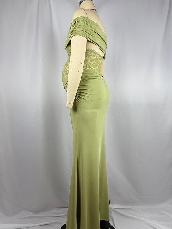 Momyknows Off Shoulder Lace Sheer Splicing Ruched Baby Shower Maternity Maxi Dress Green / M Momyknows Off Shoulder Lace Sheer Splicing Ruched Baby Shower Maternity Maxi Dress Green / M
