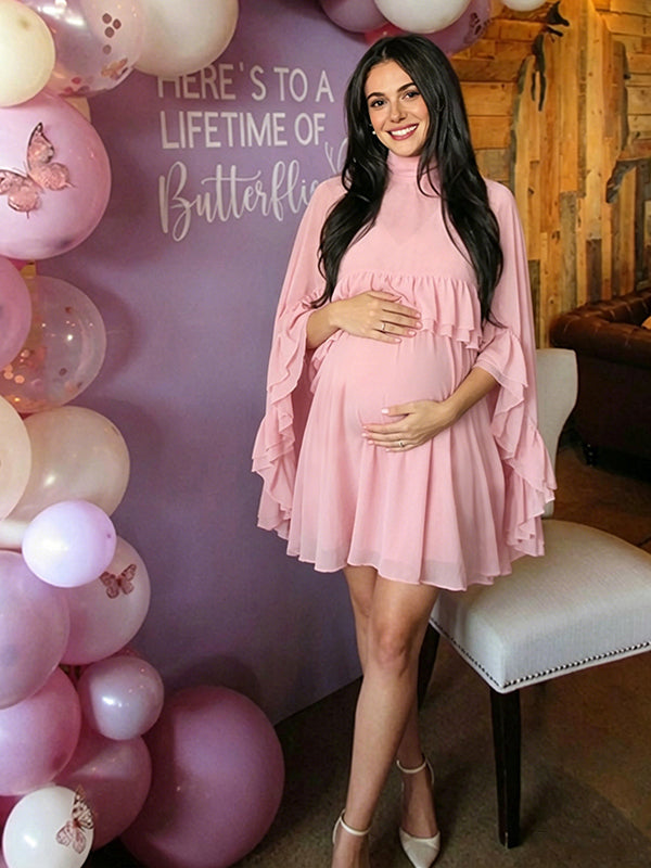 Momyknows 2 piece Mesh Ruffle High Neck Cloak Suspender Skirt Back-Tie Baby shower Maternity Mini Dress