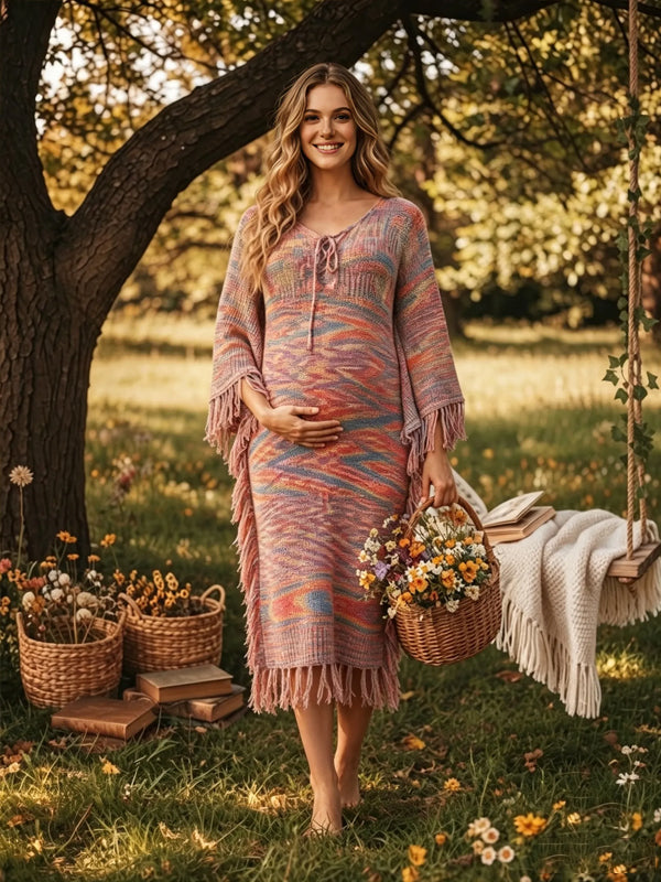Pink Ribbed Knit Maternity Midi Dress with Tassel Details and Irregular Hem