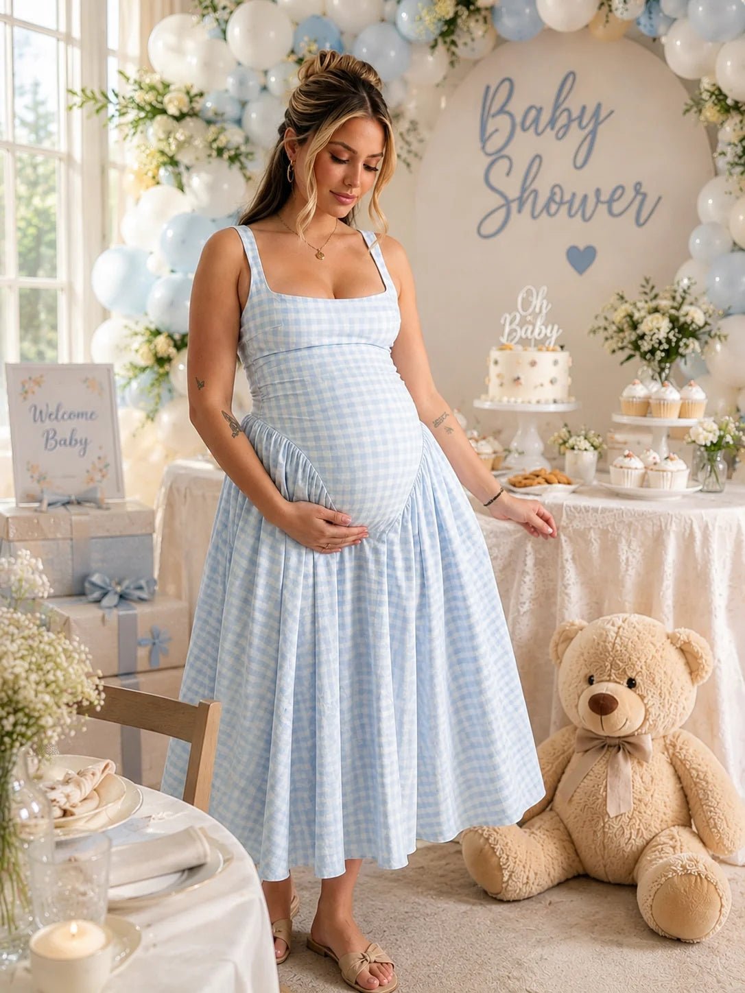 Pink Plaid Tank A-line Elegant Maternity Baby Shower Maxi Dress, Yellow / S