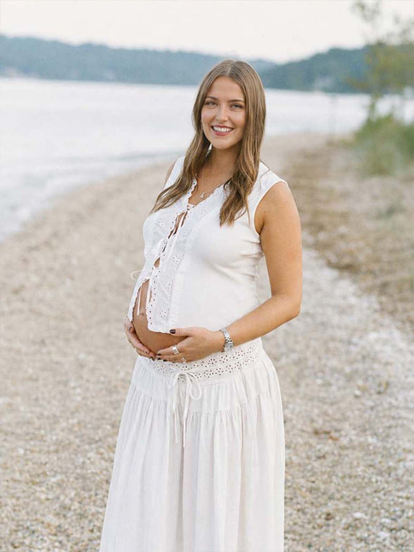 Momyknows White Lace Up Openwork Lace Two Piece Maternity Photoshoot Maxi Dress