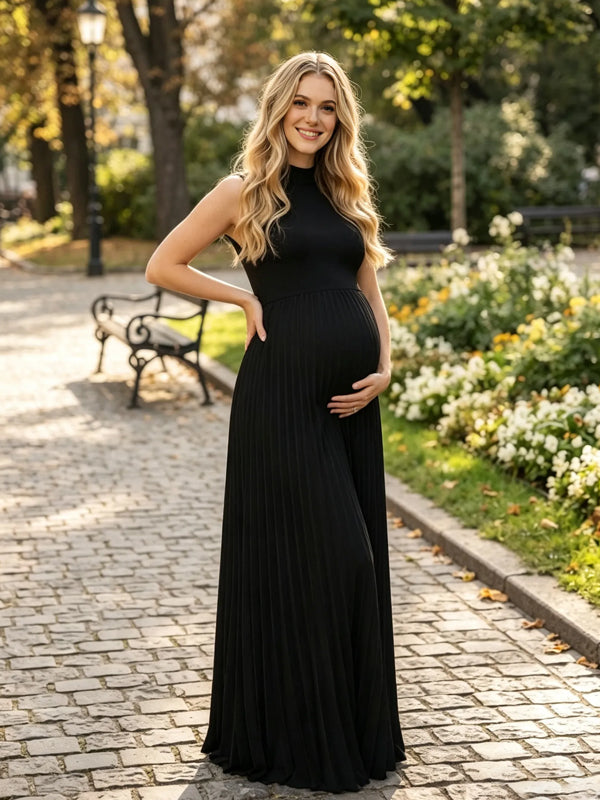 Black Pleated Maternity Maxi Dress with High Neck and High-Waisted Bodycon Fit