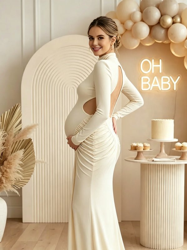 Momyknows White Long Sleeve High Neck Ruffle Backless Solid Color Maternity Baby Shower Maxi Dress - White - 2